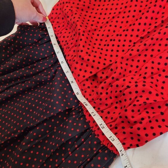VINTAGE 80s red‎ and black polka dot long sleeve modest midi dress M - Picture 9 of 10